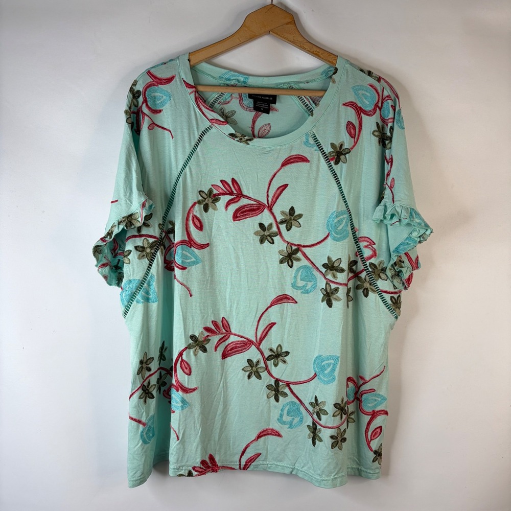 Liv Los Angeles Top Women 1X Mint Green Floral Embroidered Ruffle